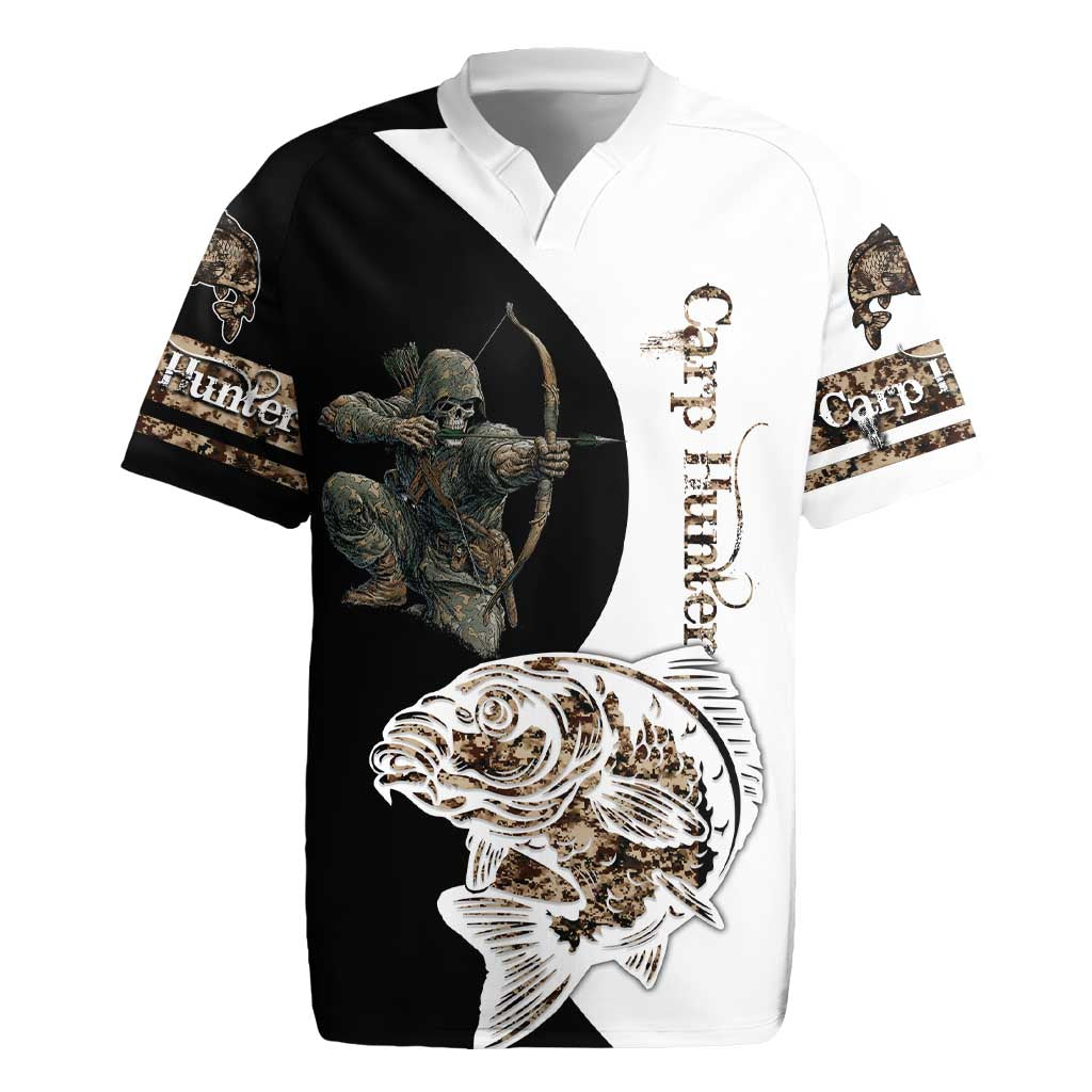 Carp Hunter Bowfishing Customize Name Rugby Jersey Camouflage Archer Graphic and Black White Split Layout - Wonder Print Shop