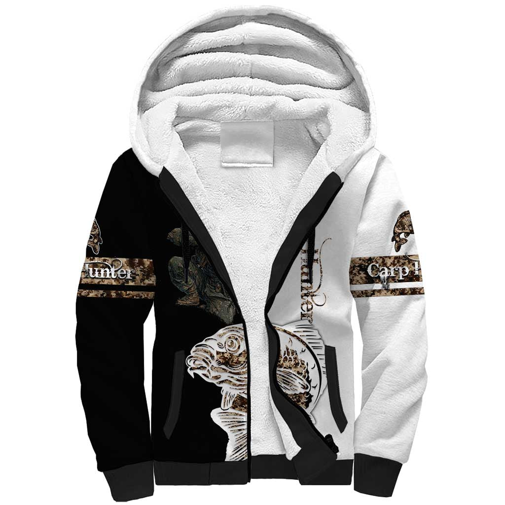 Carp Hunter Bowfishing Customize Name Sherpa Hoodie Camouflage Archer Graphic and Black White Split Layout - Wonder Print Shop