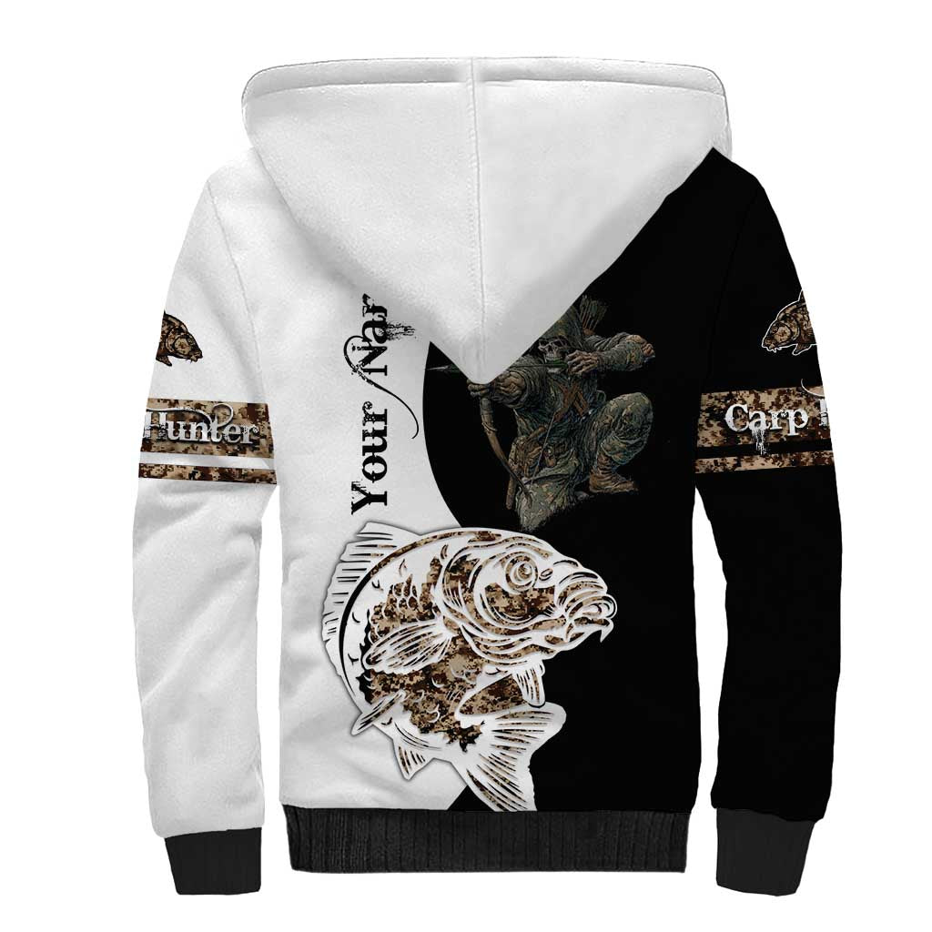 Carp Hunter Bowfishing Customize Name Sherpa Hoodie Camouflage Archer Graphic and Black White Split Layout - Wonder Print Shop