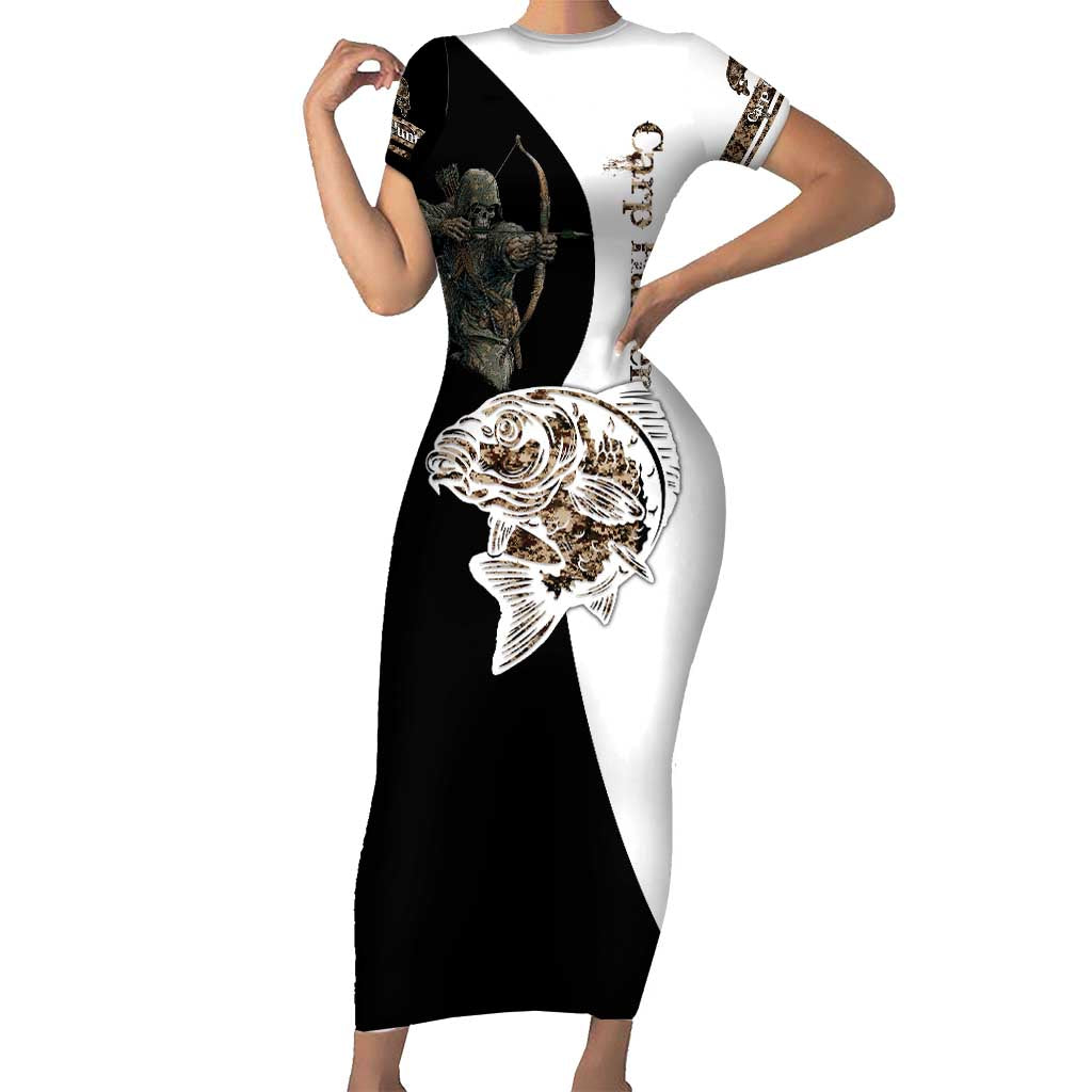 Carp Hunter Bowfishing Customize Name Short Sleeve Bodycon Dress Camouflage Archer Graphic and Black White Split Layout - Wonder Print Shop