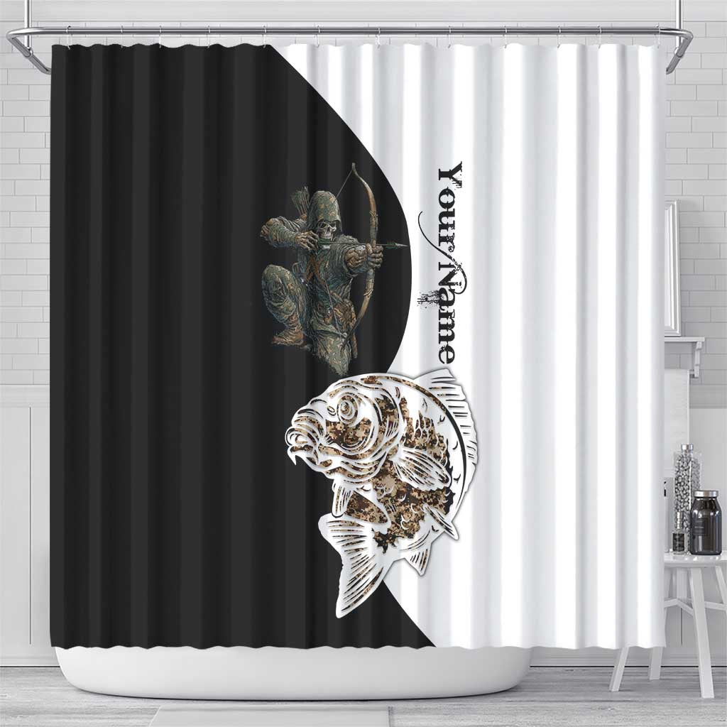 Carp Hunter Bowfishing Customize Name Shower Curtain Camouflage Archer Graphic and Black White Split Layout - Wonder Print Shop