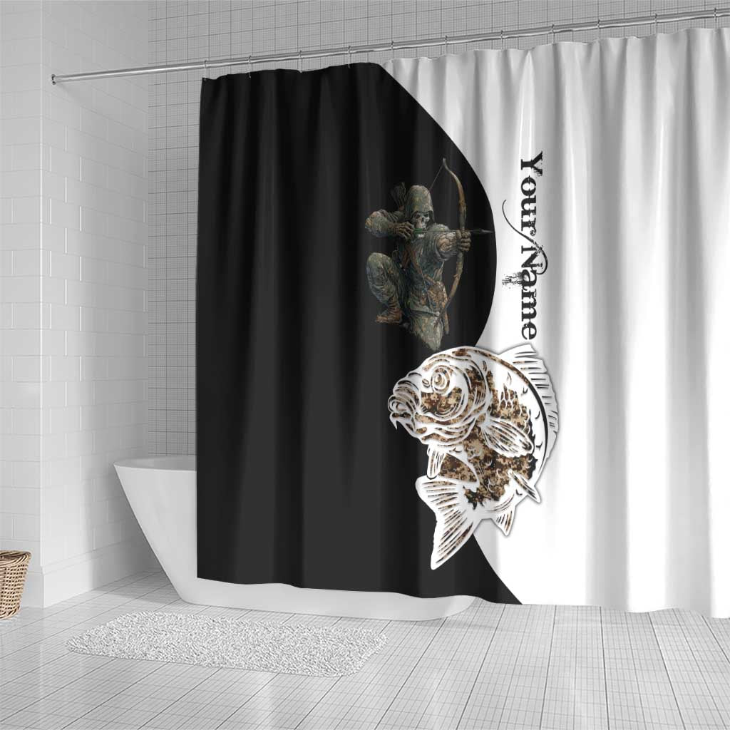 Carp Hunter Bowfishing Customize Name Shower Curtain Camouflage Archer Graphic and Black White Split Layout - Wonder Print Shop
