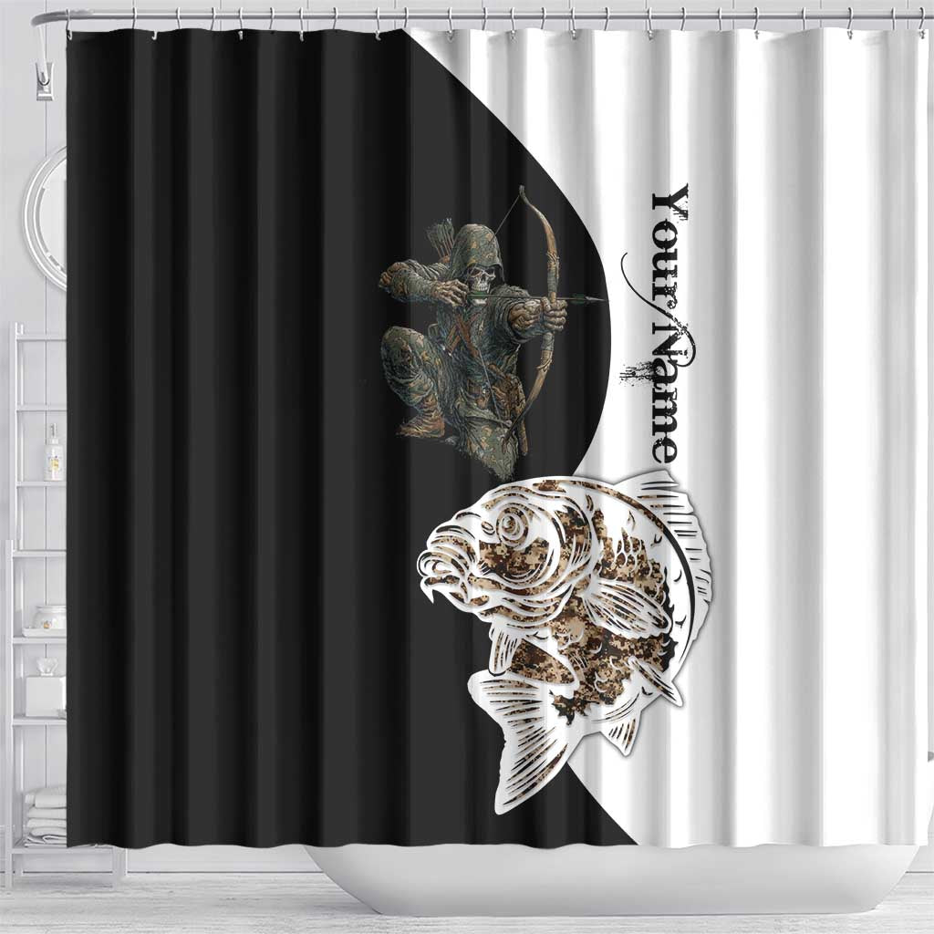Carp Hunter Bowfishing Customize Name Shower Curtain Camouflage Archer Graphic and Black White Split Layout - Wonder Print Shop