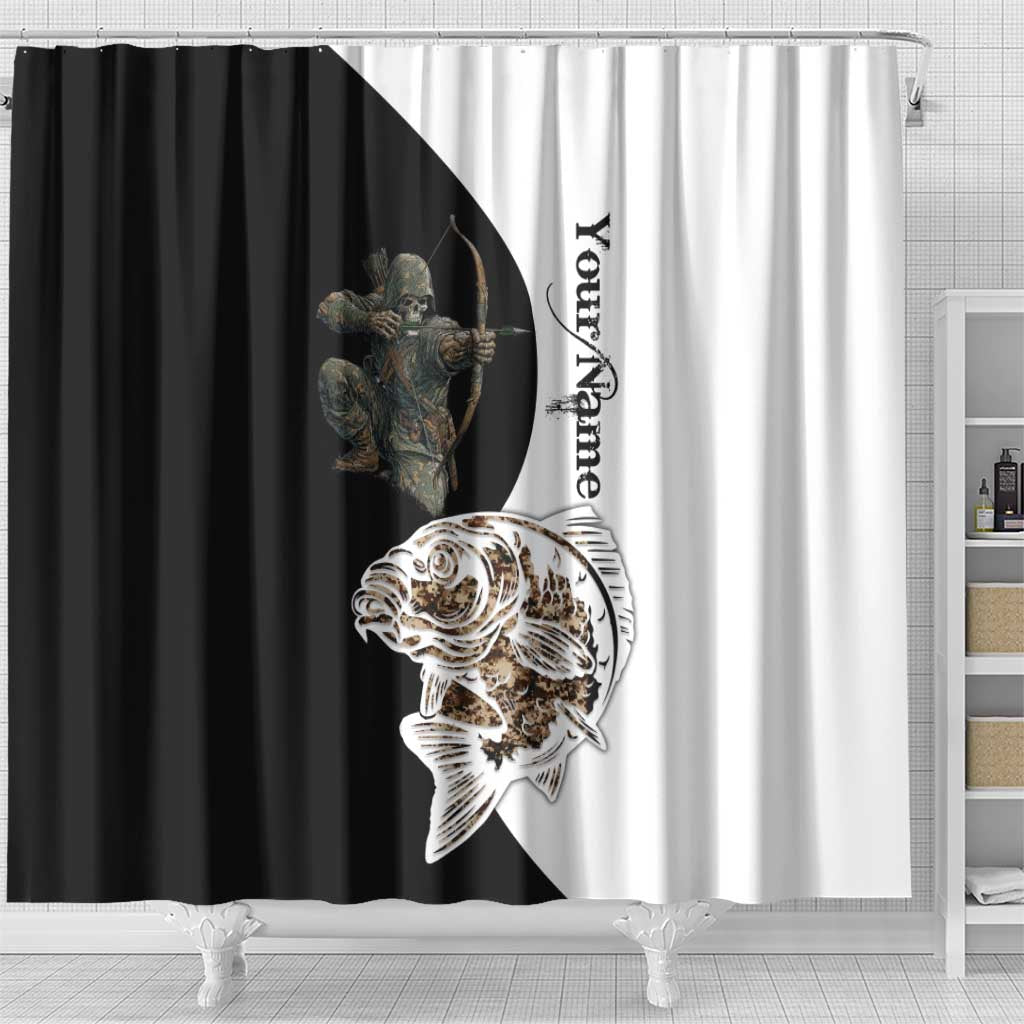 Carp Hunter Bowfishing Customize Name Shower Curtain Camouflage Archer Graphic and Black White Split Layout - Wonder Print Shop