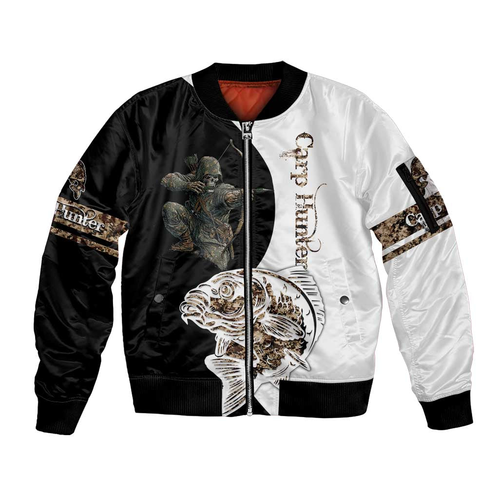 Carp Hunter Bowfishing Customize Name Sleeve Zip Bomber Jacket Camouflage Archer Graphic and Black White Split Layout - Wonder Print Shop