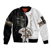Carp Hunter Bowfishing Customize Name Sleeve Zip Bomber Jacket Camouflage Archer Graphic and Black White Split Layout - Wonder Print Shop