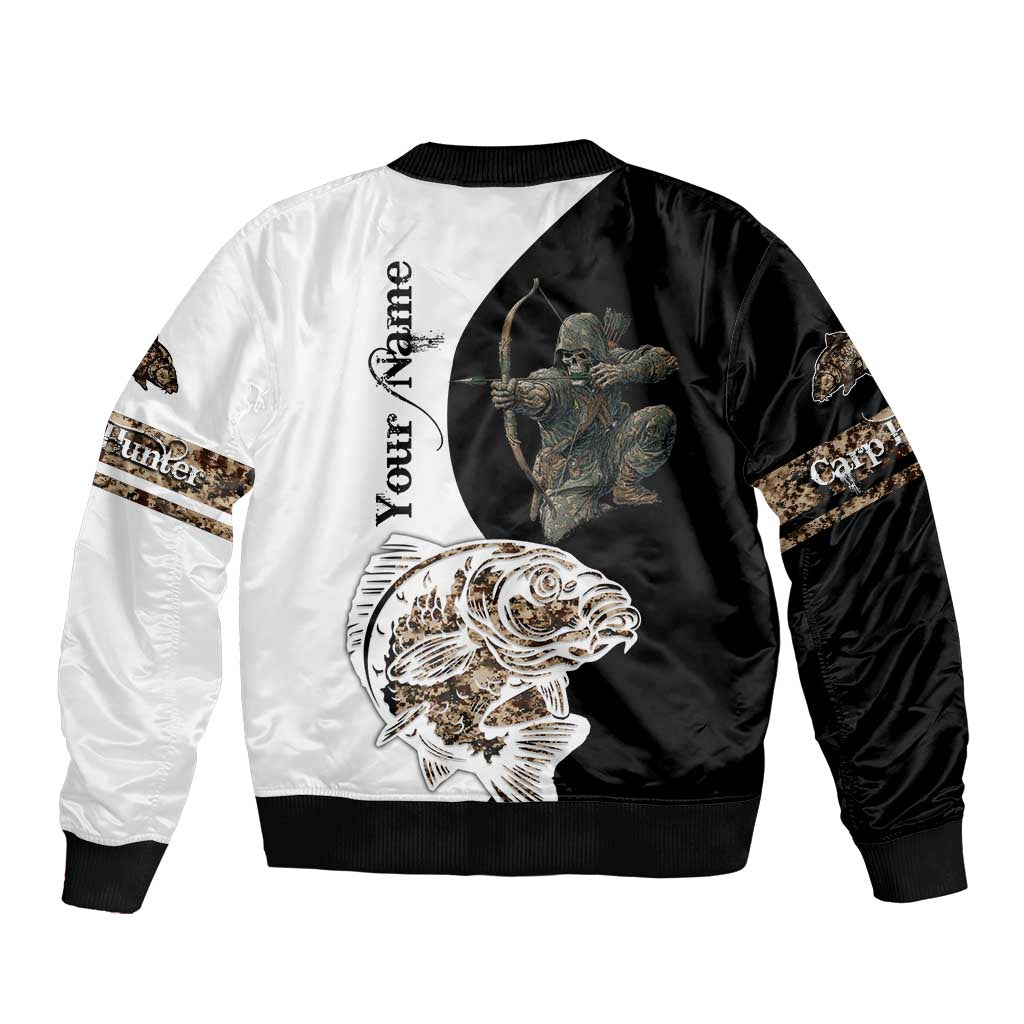 Carp Hunter Bowfishing Customize Name Sleeve Zip Bomber Jacket Camouflage Archer Graphic and Black White Split Layout - Wonder Print Shop