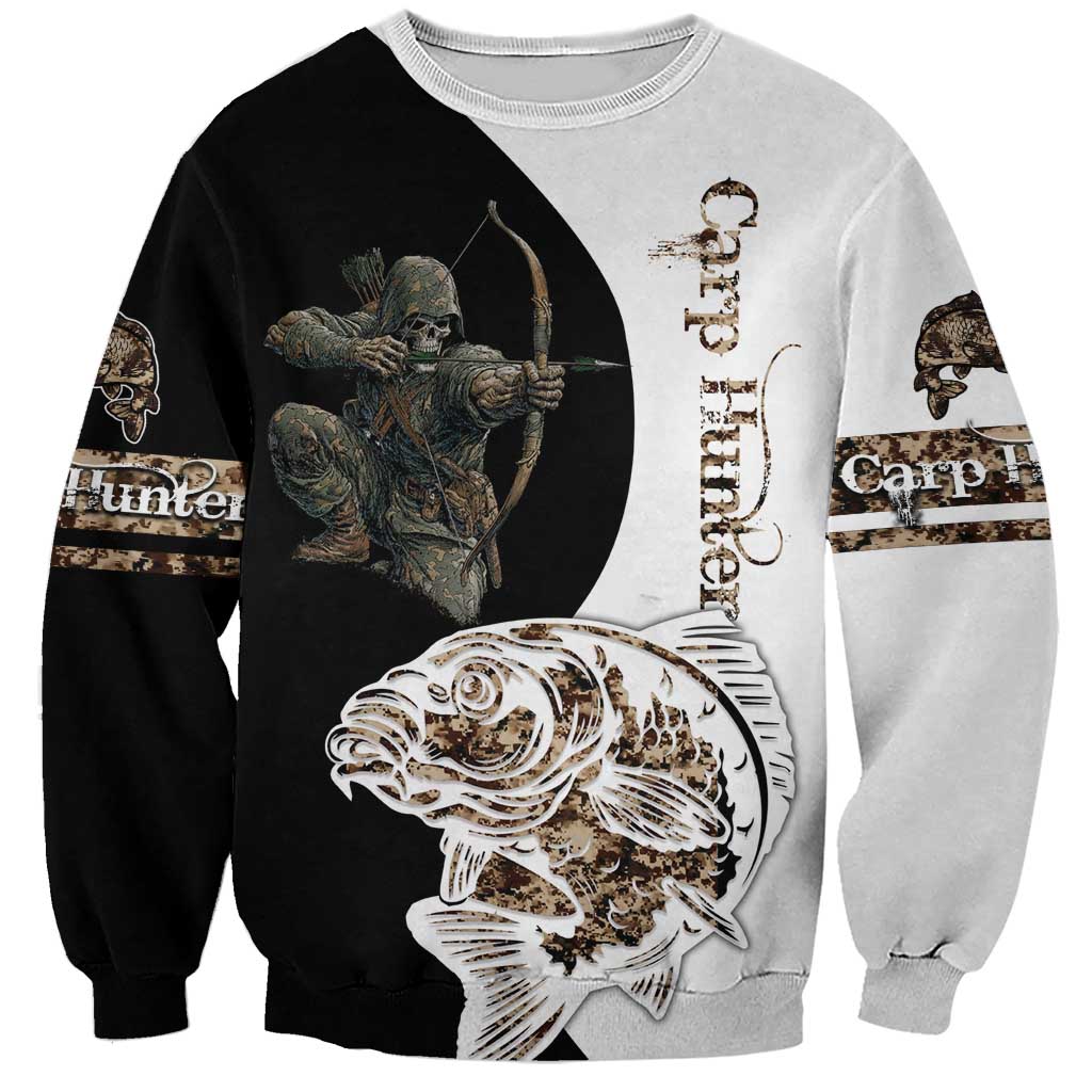Carp Hunter Bowfishing Customize Name Sweatshirt Camouflage Archer Graphic and Black White Split Layout - Wonder Print Shop