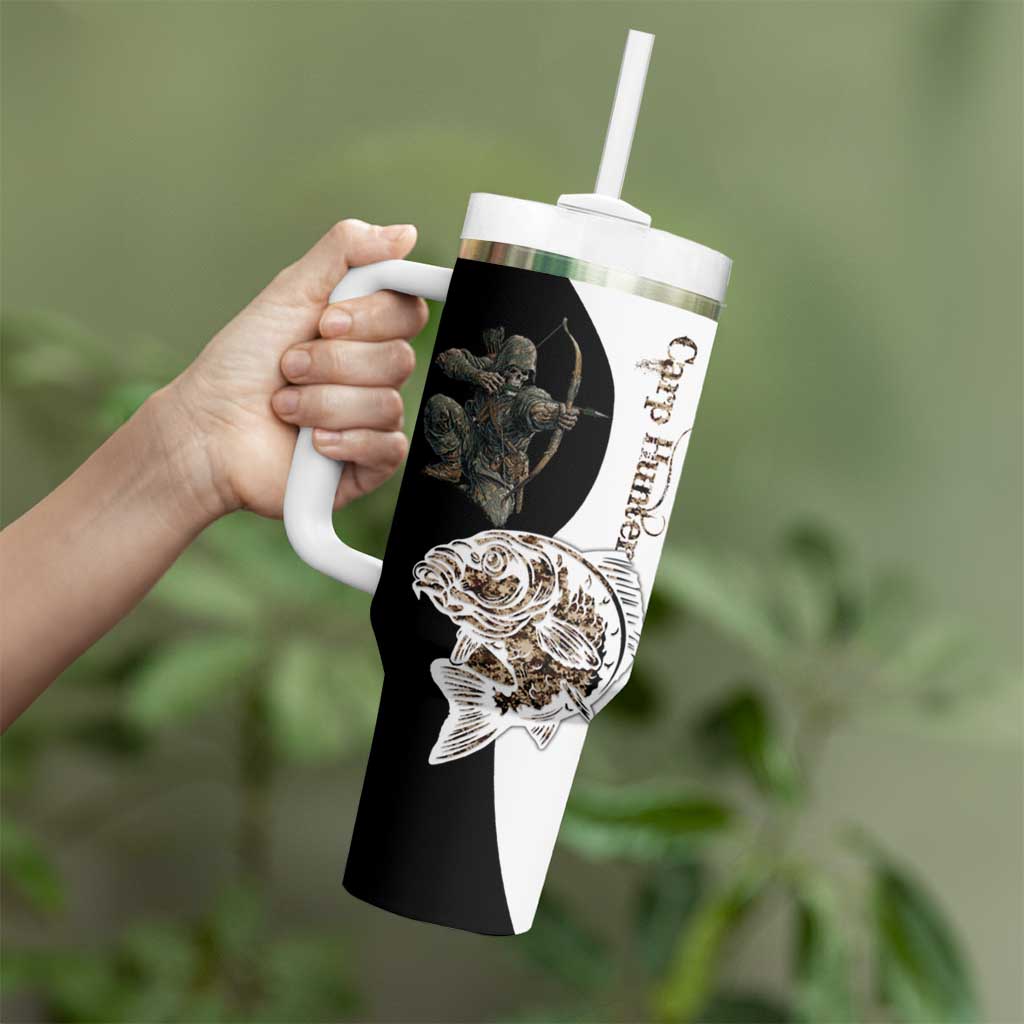 Carp Hunter Bowfishing Customize Name Tumbler With Handle Camouflage Archer Graphic and Black White Split Layout - Wonder Print Shop