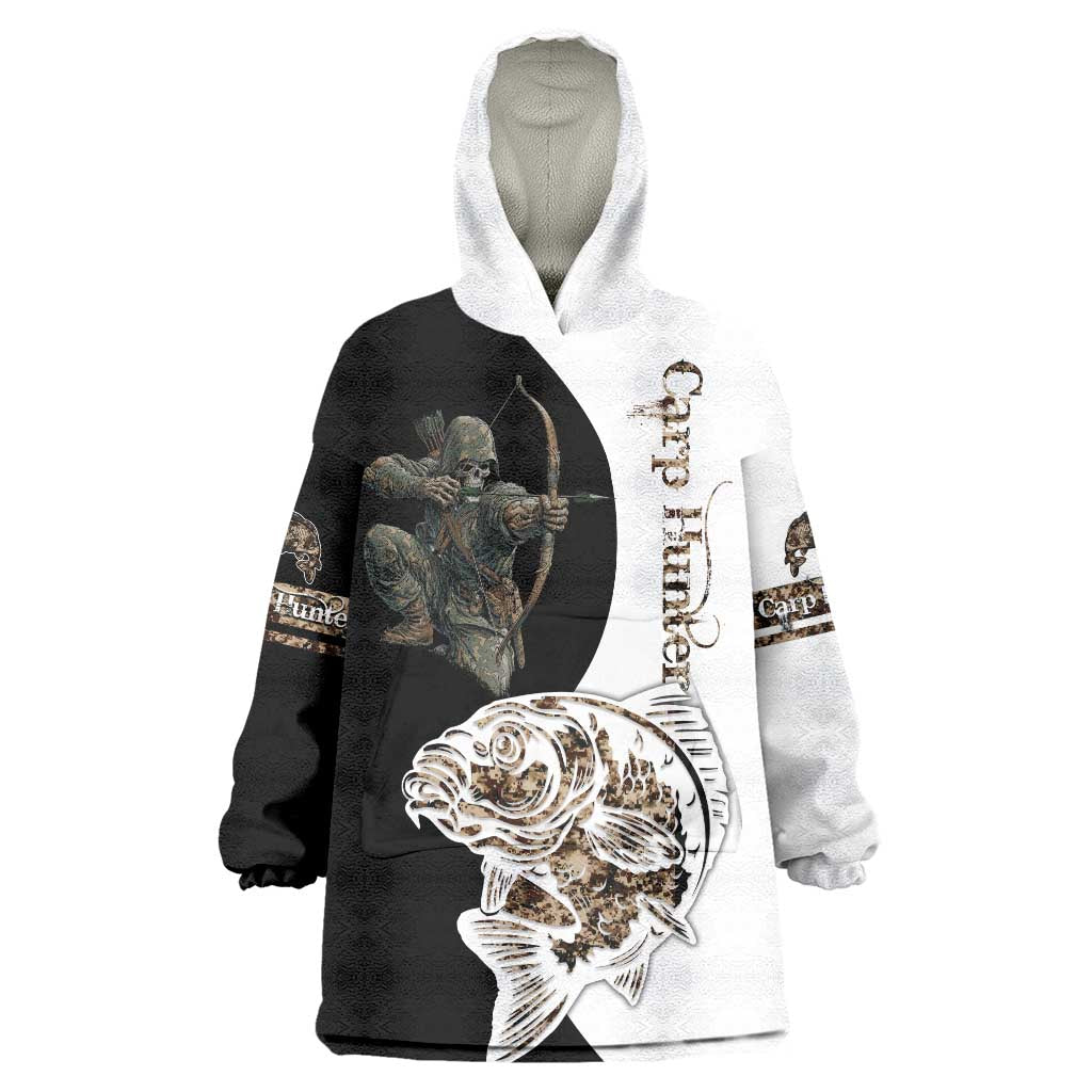 Carp Hunter Bowfishing Customize Name Wearable Blanket Hoodie Camouflage Archer Graphic and Black White Split Layout - Wonder Print Shop