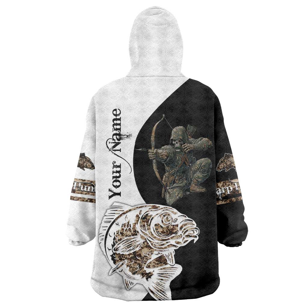 Carp Hunter Bowfishing Customize Name Wearable Blanket Hoodie Camouflage Archer Graphic and Black White Split Layout - Wonder Print Shop