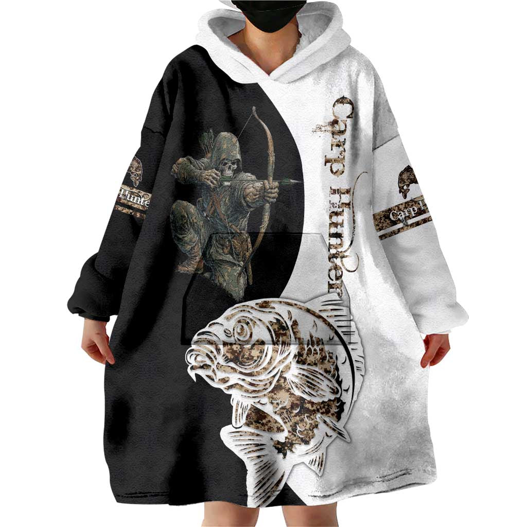 Carp Hunter Bowfishing Customize Name Wearable Blanket Hoodie Camouflage Archer Graphic and Black White Split Layout - Wonder Print Shop