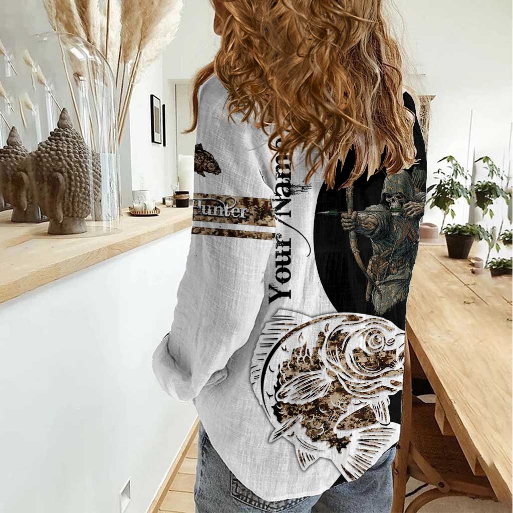 Carp Hunter Bowfishing Customize Name Women Casual Shirt Camouflage Archer Graphic and Black White Split Layout - Wonder Print Shop