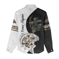 Carp Hunter Bowfishing Customize Name Women Casual Shirt Camouflage Archer Graphic and Black White Split Layout - Wonder Print Shop