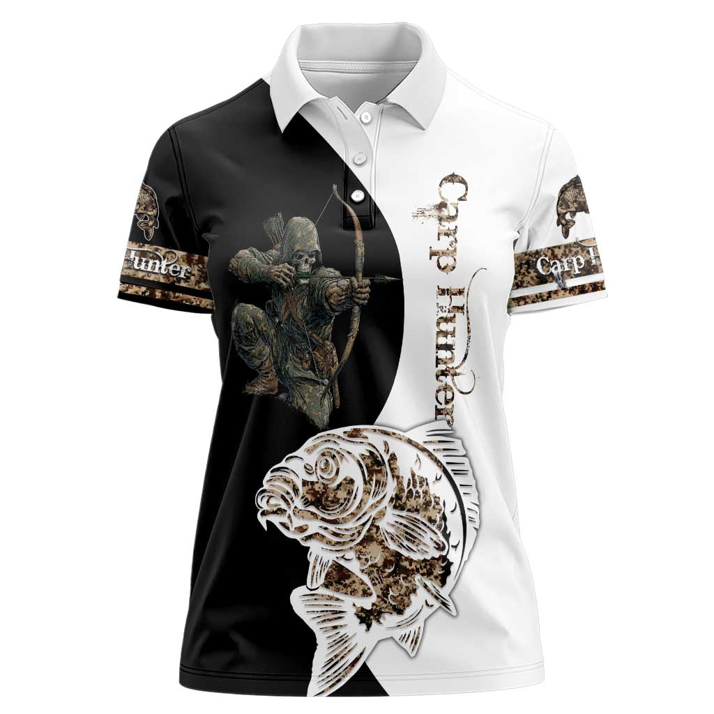 Carp Hunter Bowfishing Customize Name Women Polo Shirt Camouflage Archer Graphic and Black White Split Layout - Wonder Print Shop