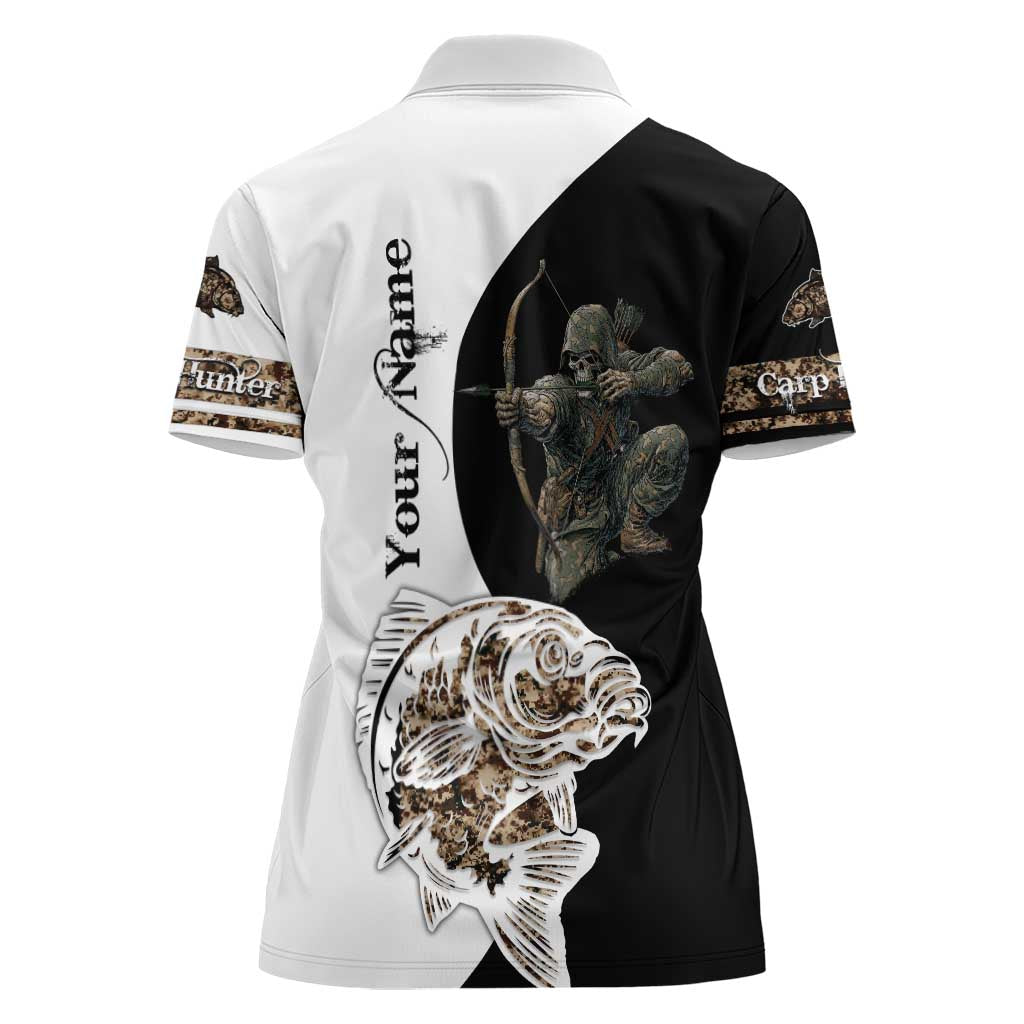 Carp Hunter Bowfishing Customize Name Women Polo Shirt Camouflage Archer Graphic and Black White Split Layout - Wonder Print Shop