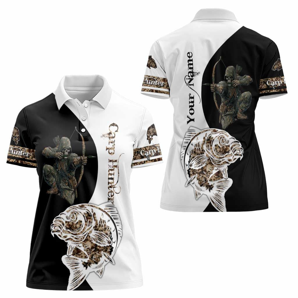 Carp Hunter Bowfishing Customize Name Women Polo Shirt Camouflage Archer Graphic and Black White Split Layout - Wonder Print Shop