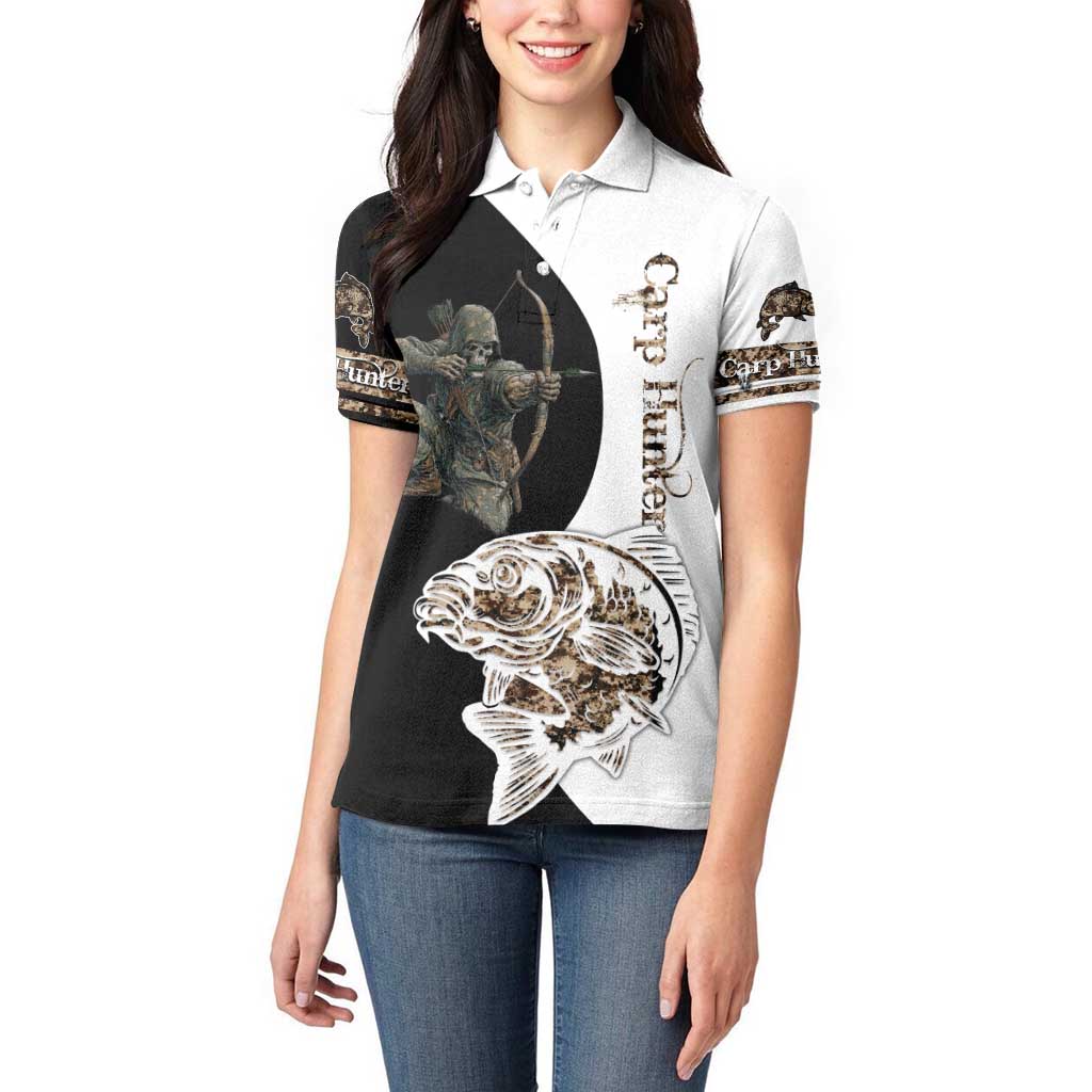 Carp Hunter Bowfishing Customize Name Women Polo Shirt Camouflage Archer Graphic and Black White Split Layout - Wonder Print Shop