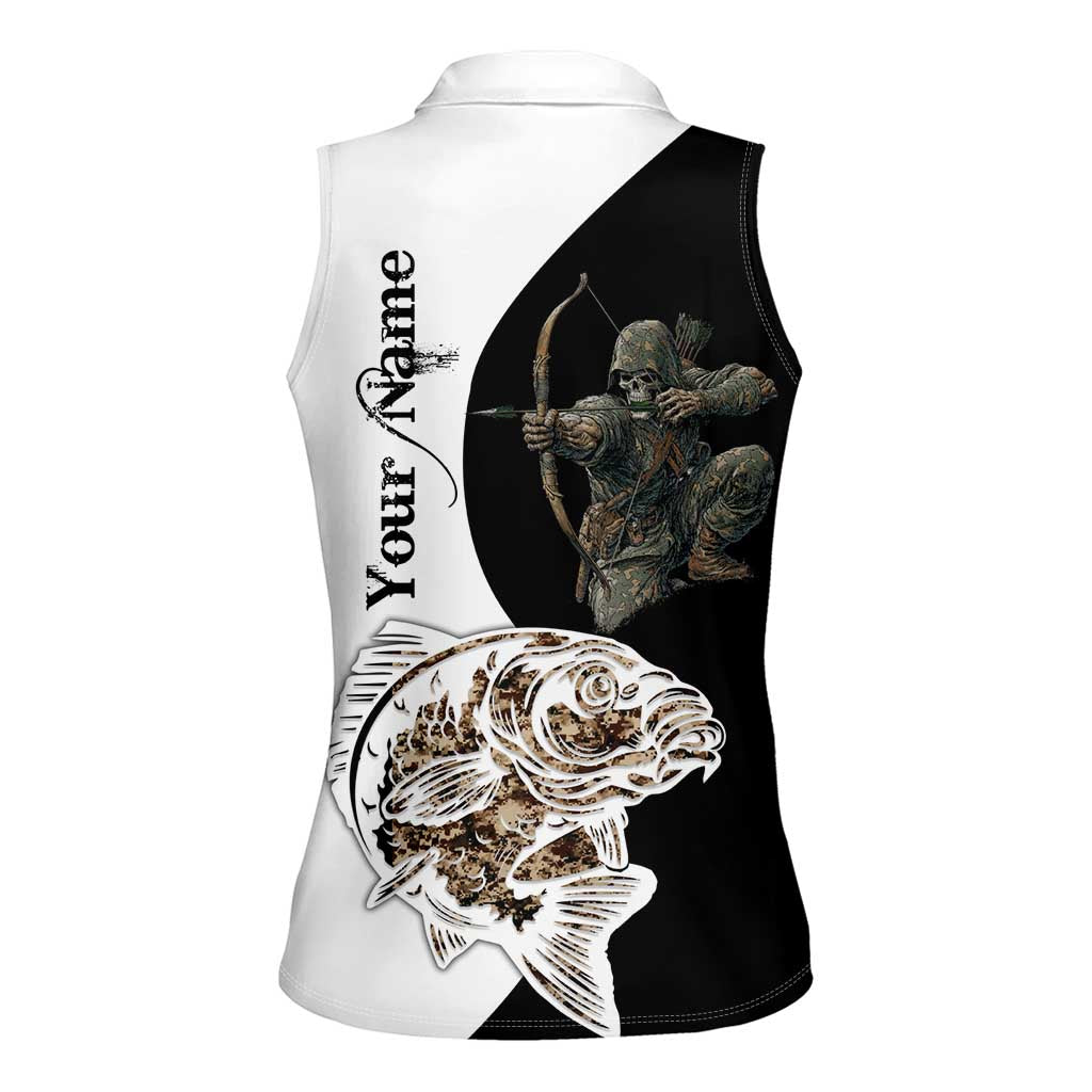Carp Hunter Bowfishing Customize Name Women Sleeveless Polo Shirt Camouflage Archer Graphic and Black White Split Layout - Wonder Print Shop