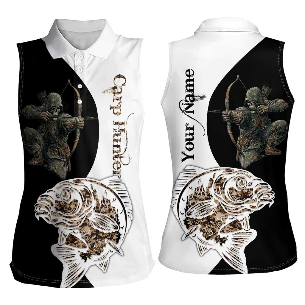Carp Hunter Bowfishing Customize Name Women Sleeveless Polo Shirt Camouflage Archer Graphic and Black White Split Layout - Wonder Print Shop