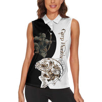 Carp Hunter Bowfishing Customize Name Women Sleeveless Polo Shirt Camouflage Archer Graphic and Black White Split Layout - Wonder Print Shop