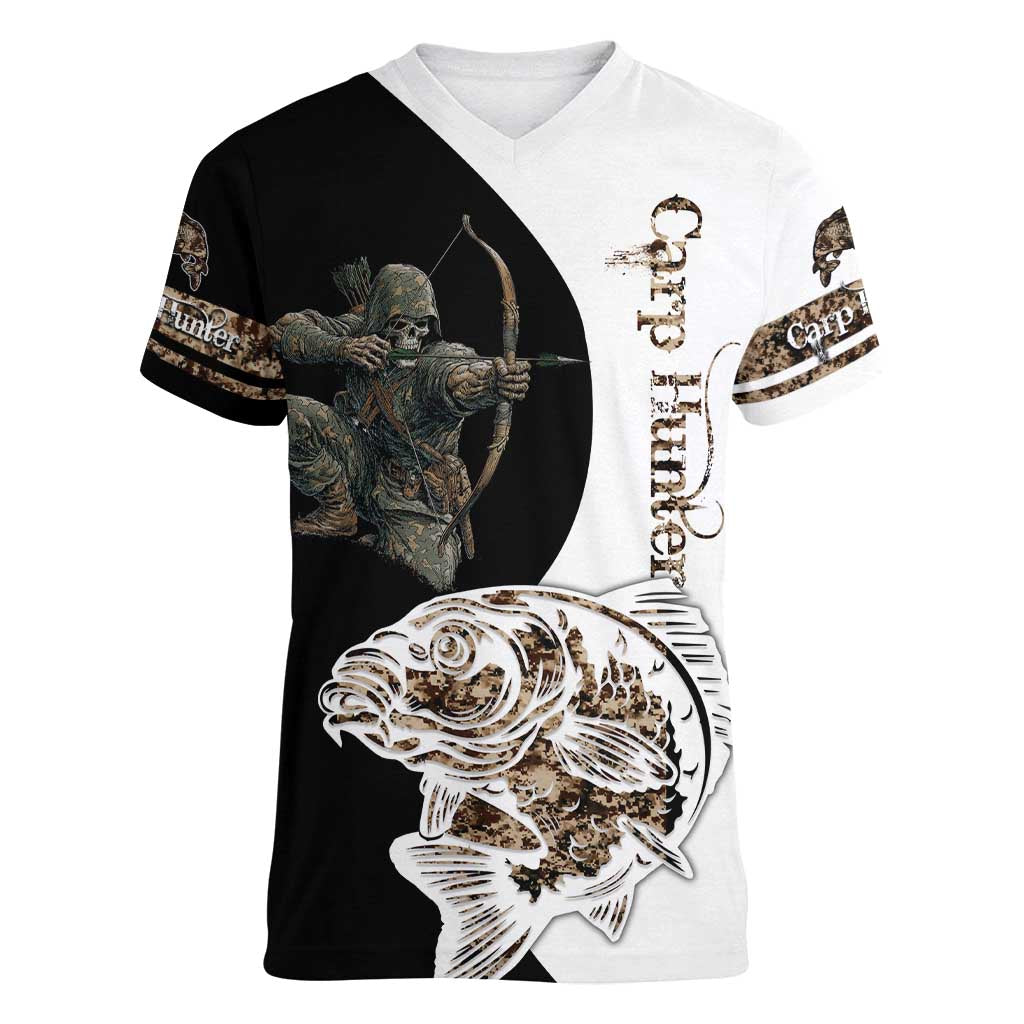 Carp Hunter Bowfishing Customize Name Women V-Neck T-Shirt Camouflage Archer Graphic and Black White Split Layout - Wonder Print Shop