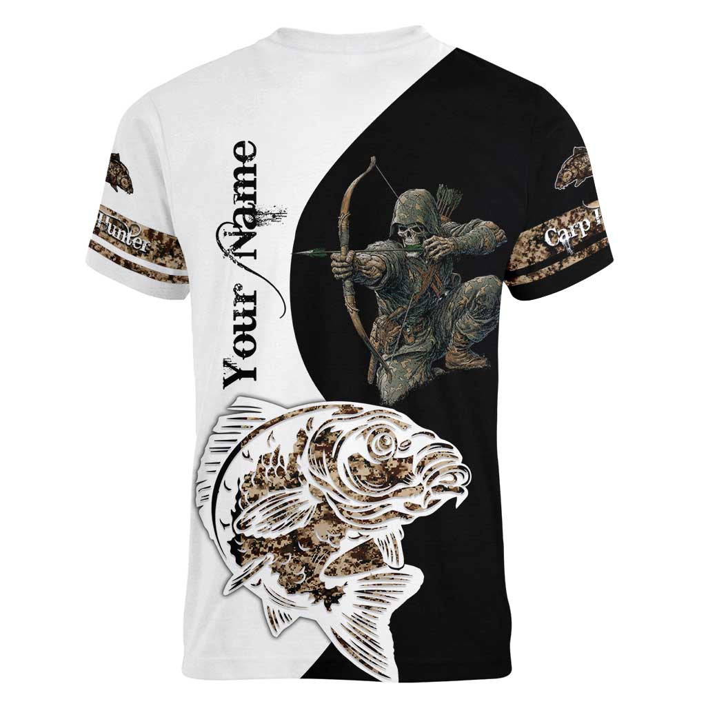 Carp Hunter Bowfishing Customize Name Women V-Neck T-Shirt Camouflage Archer Graphic and Black White Split Layout - Wonder Print Shop
