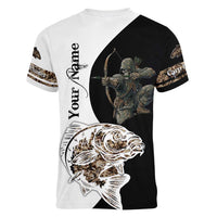 Carp Hunter Bowfishing Customize Name Women V-Neck T-Shirt Camouflage Archer Graphic and Black White Split Layout - Wonder Print Shop