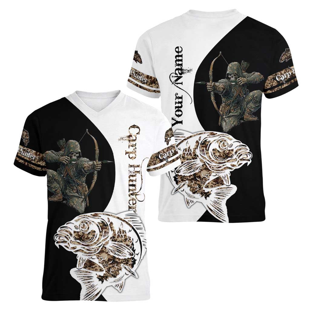 Carp Hunter Bowfishing Customize Name Women V-Neck T-Shirt Camouflage Archer Graphic and Black White Split Layout - Wonder Print Shop