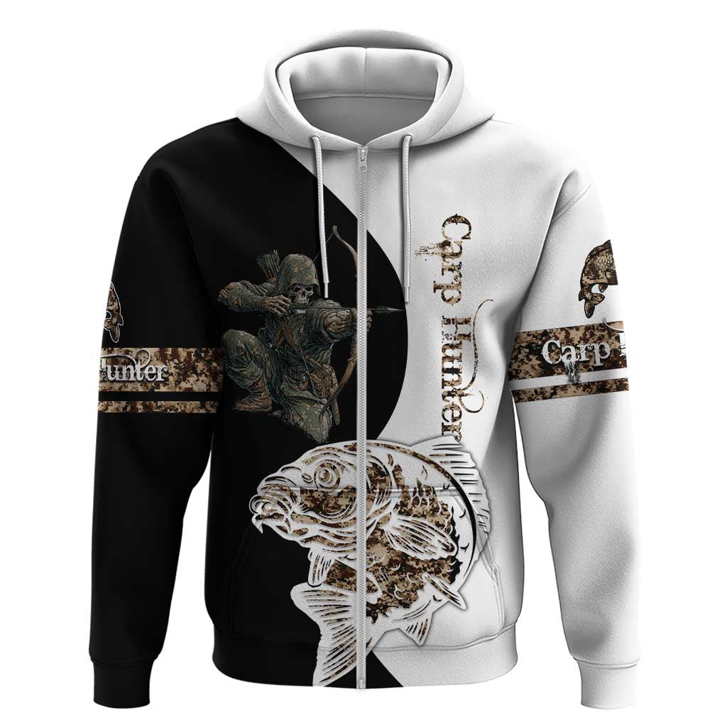 Carp Hunter Bowfishing Customize Name Zip Hoodie Camouflage Archer Graphic and Black White Split Layout - Wonder Print Shop