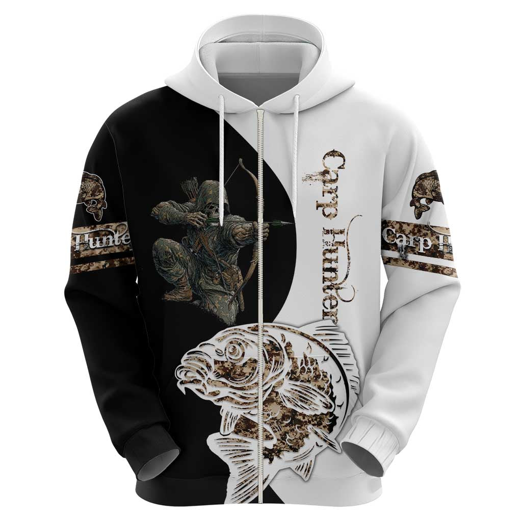 Carp Hunter Bowfishing Customize Name Zip Hoodie Camouflage Archer Graphic and Black White Split Layout - Wonder Print Shop