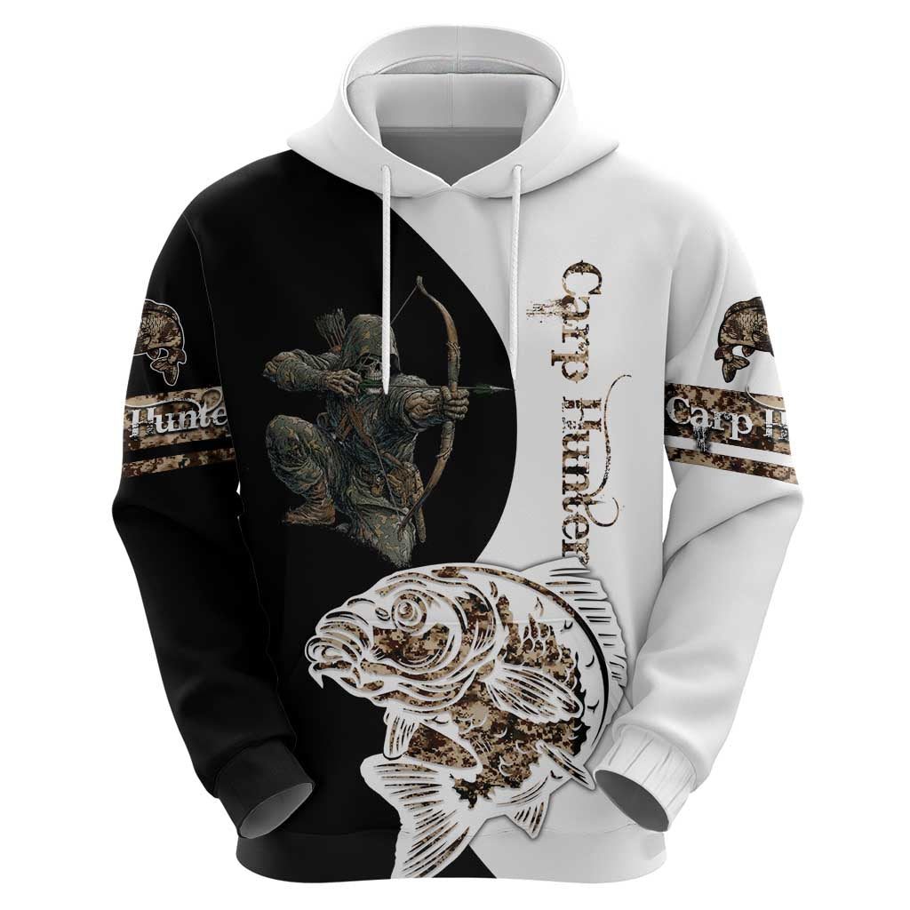 Carp Hunter Bowfishing Customize Name Zip Hoodie Camouflage Archer Graphic and Black White Split Layout - Wonder Print Shop