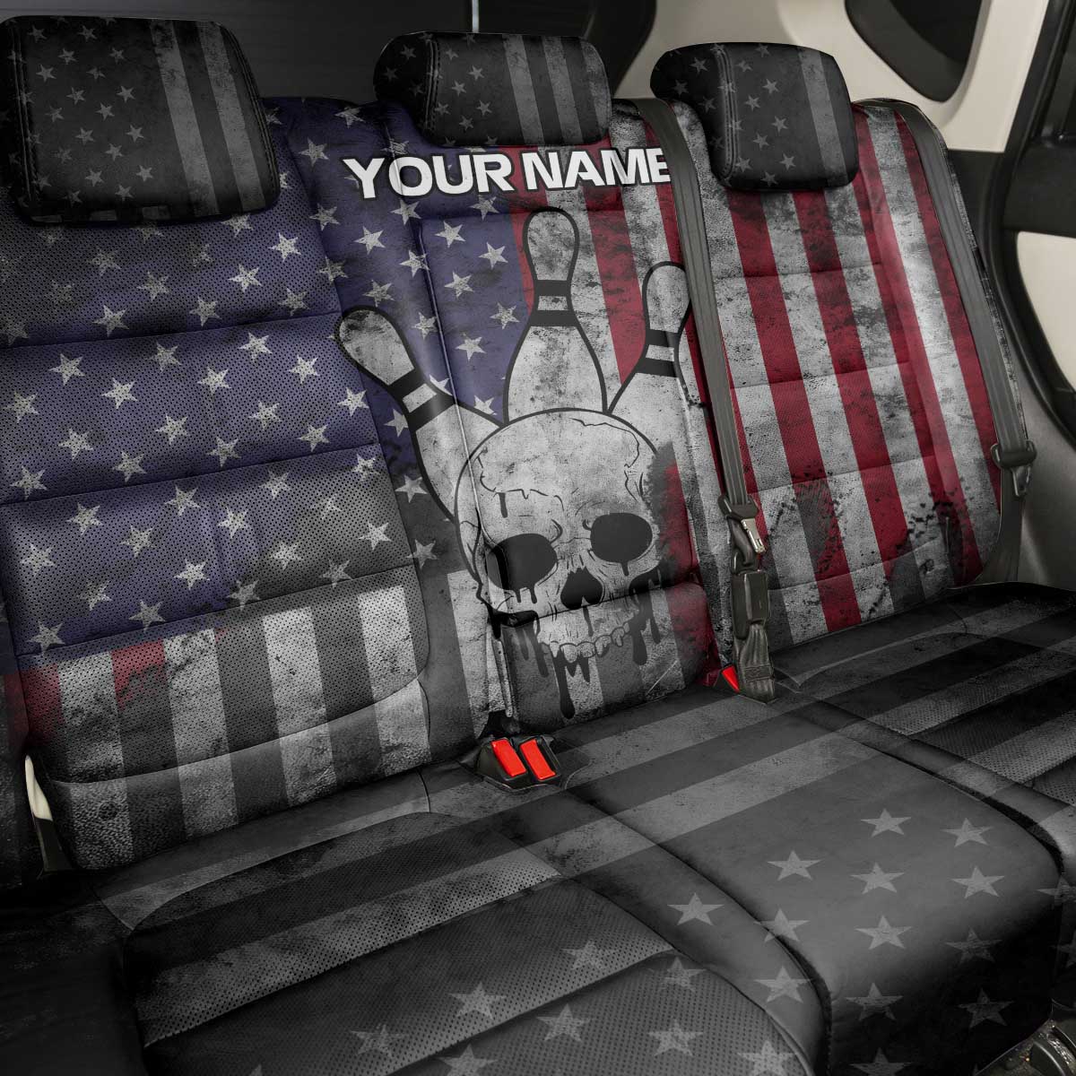 Personalized Skull Bowling Back Car Seat Cover Distressed American Flag in Dark Grunge Design - Wonder Print Shop
