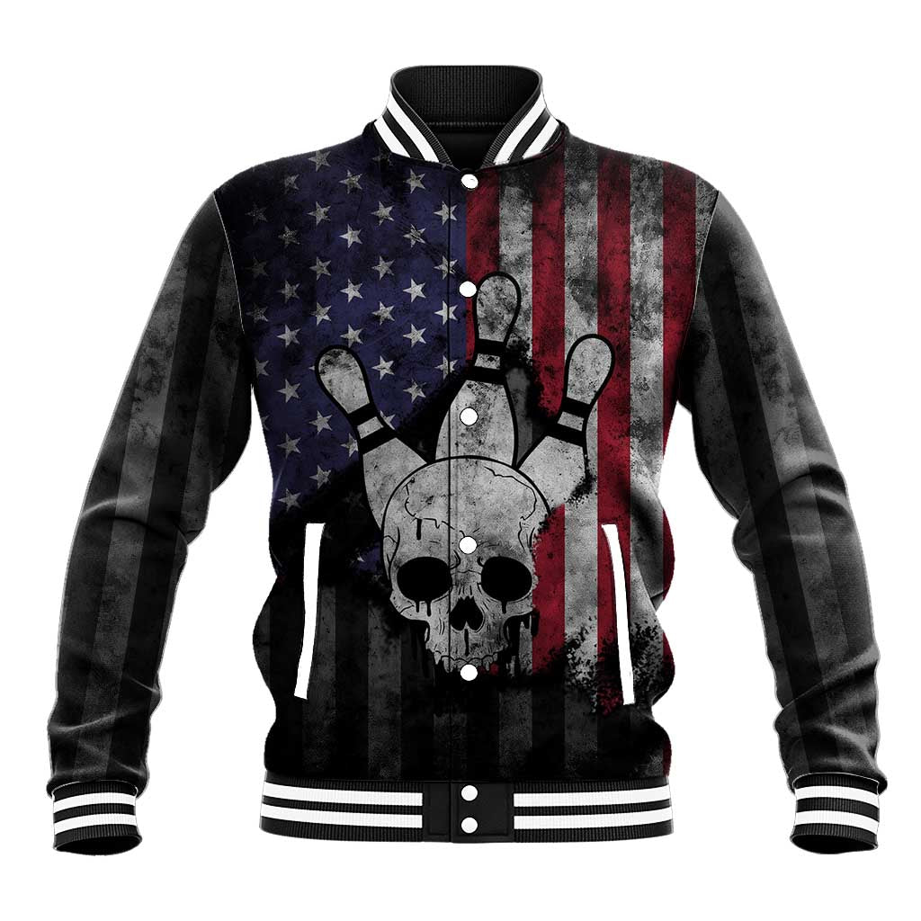 Personalized Skull Bowling Baseball Jacket Distressed American Flag in Dark Grunge Design - Wonder Print Shop