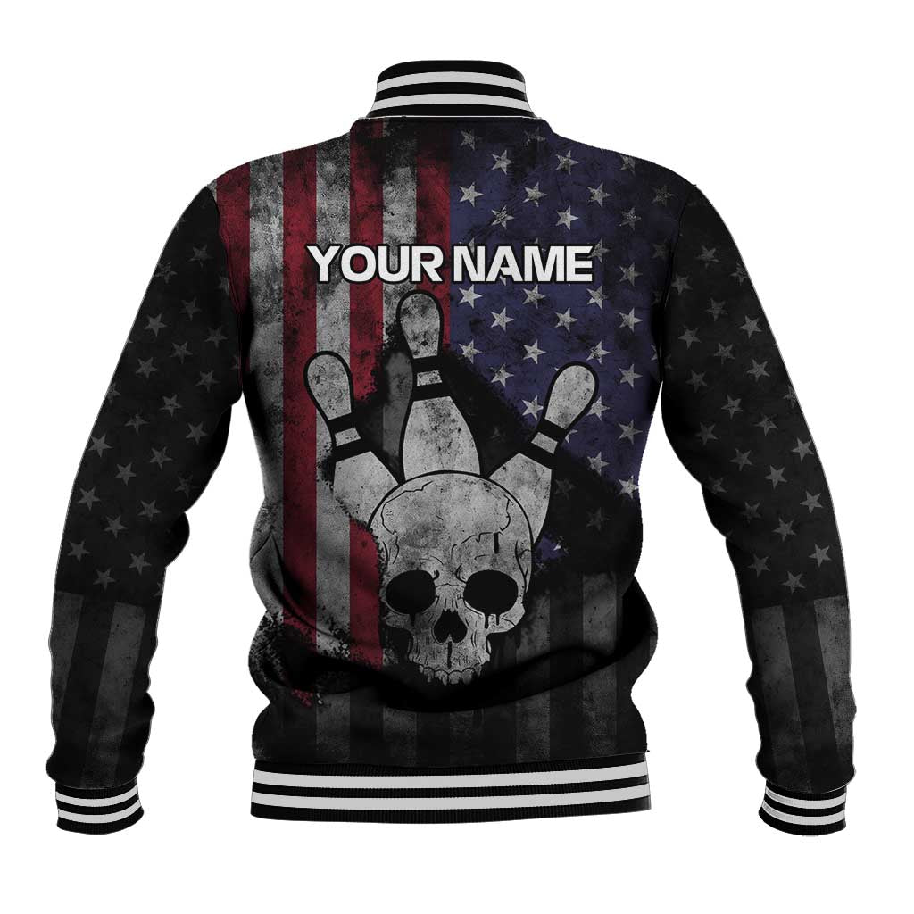Personalized Skull Bowling Baseball Jacket Distressed American Flag in Dark Grunge Design - Wonder Print Shop