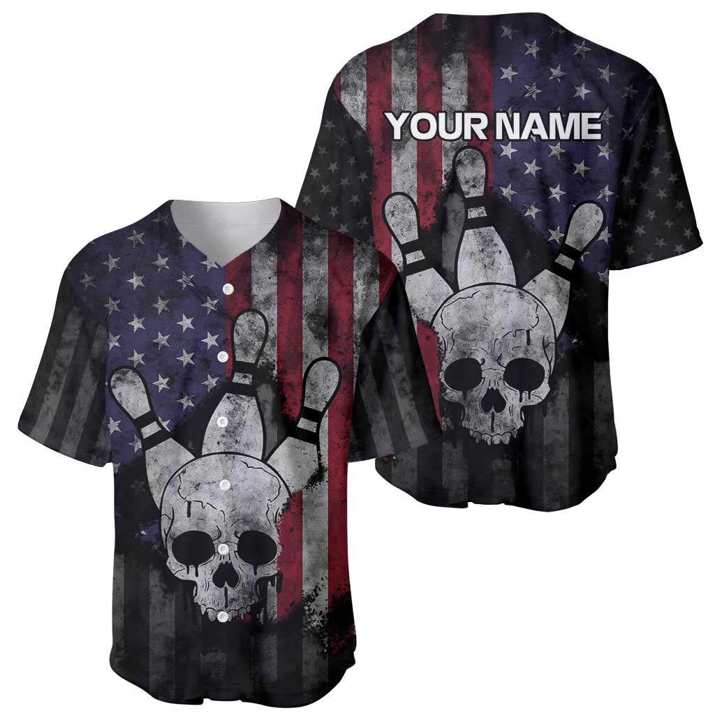 Personalized Skull Bowling Baseball Jersey Distressed American Flag in Dark Grunge Design - Wonder Print Shop