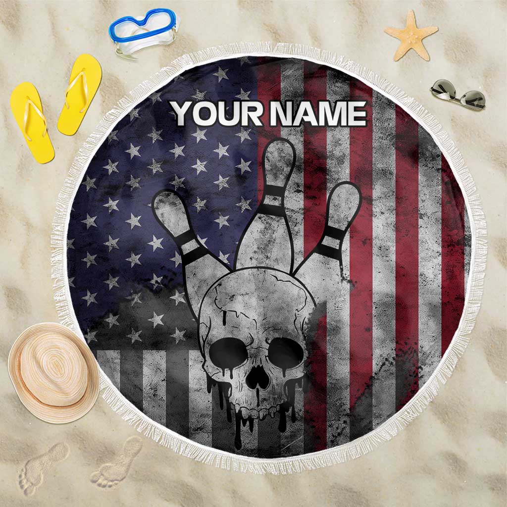 Personalized Skull Bowling Beach Blanket Distressed American Flag in Dark Grunge Design - Wonder Print Shop