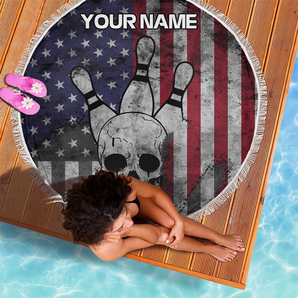 Personalized Skull Bowling Beach Blanket Distressed American Flag in Dark Grunge Design - Wonder Print Shop