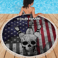 Personalized Skull Bowling Beach Blanket Distressed American Flag in Dark Grunge Design - Wonder Print Shop