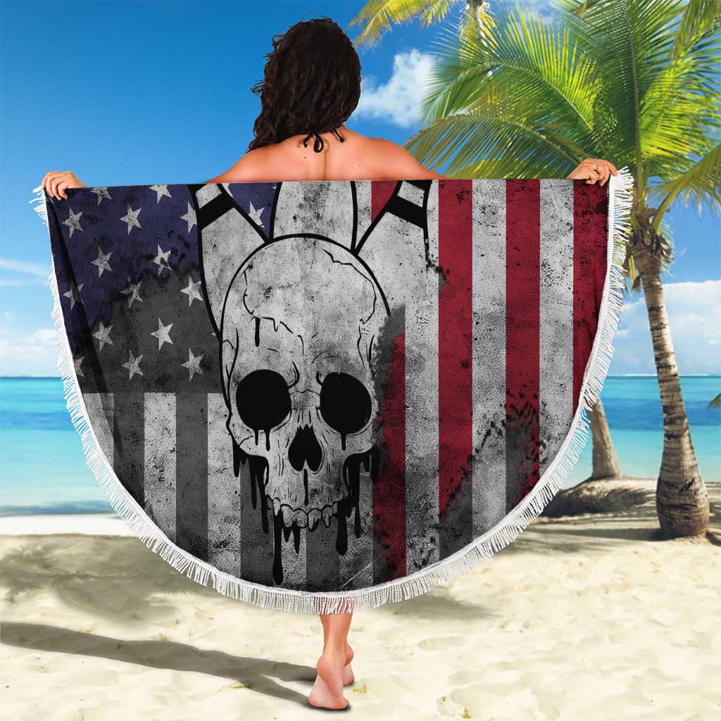 Personalized Skull Bowling Beach Blanket Distressed American Flag in Dark Grunge Design - Wonder Print Shop