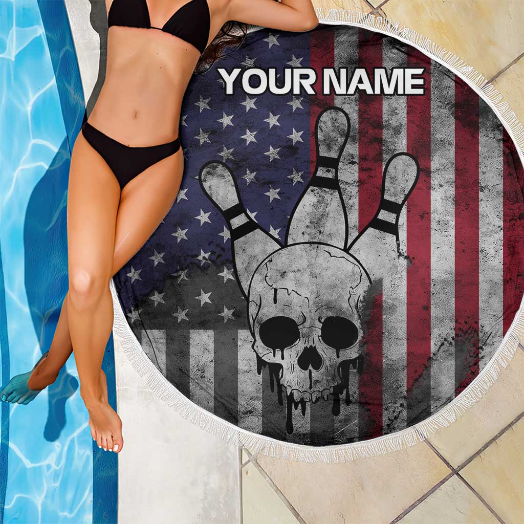 Personalized Skull Bowling Beach Blanket Distressed American Flag in Dark Grunge Design - Wonder Print Shop