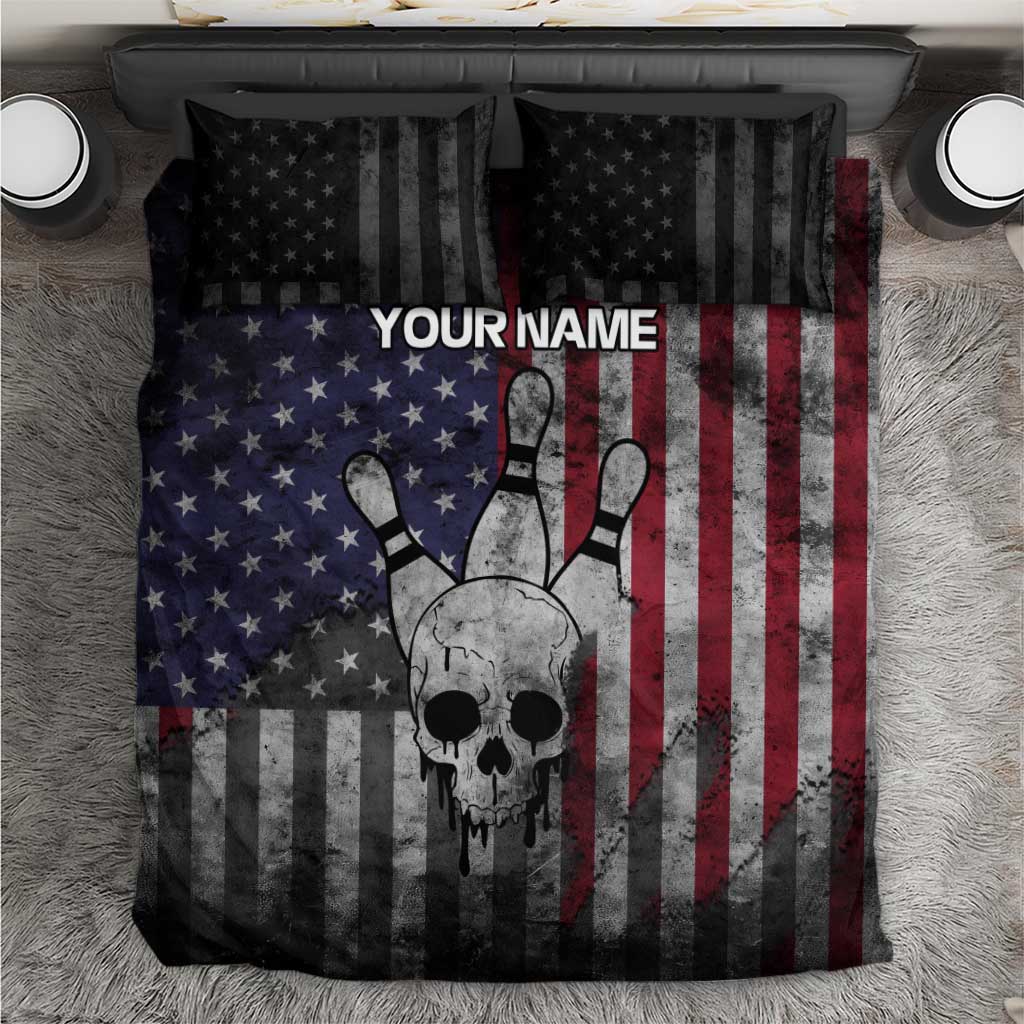 Personalized Skull Bowling Bedding Set Distressed American Flag in Dark Grunge Design - Wonder Print Shop