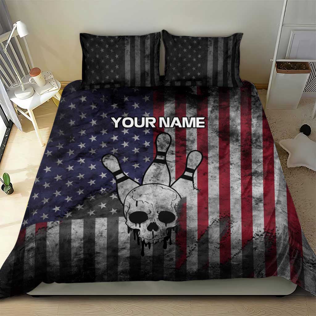 Personalized Skull Bowling Bedding Set Distressed American Flag in Dark Grunge Design - Wonder Print Shop
