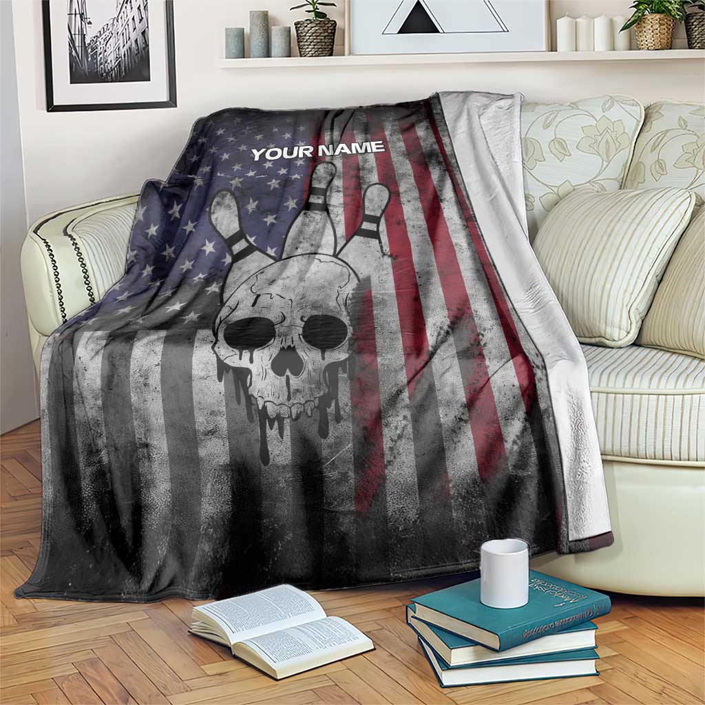 Personalized Skull Bowling Blanket Distressed American Flag in Dark Grunge Design - Wonder Print Shop