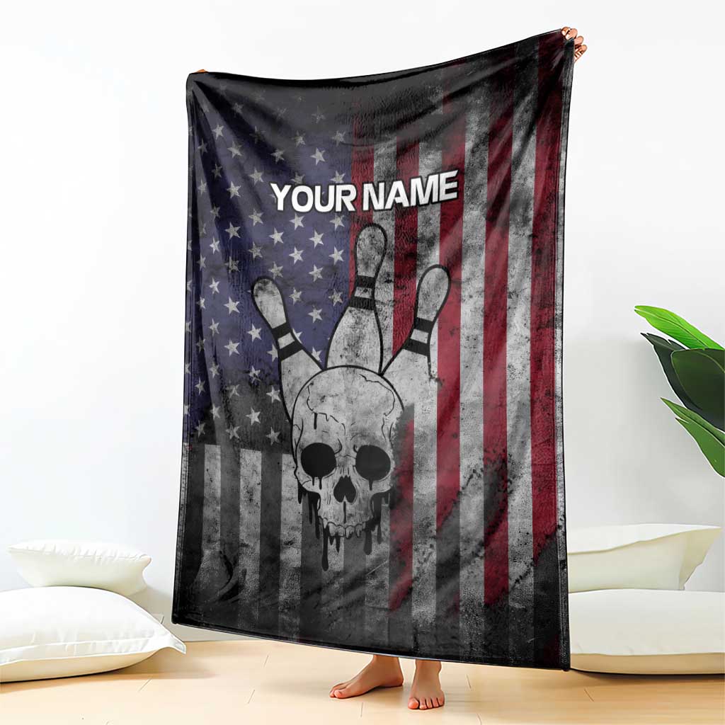 Personalized Skull Bowling Blanket Distressed American Flag in Dark Grunge Design - Wonder Print Shop
