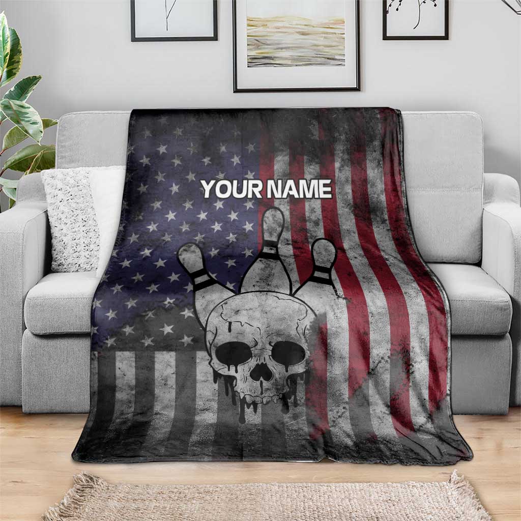 Personalized Skull Bowling Blanket Distressed American Flag in Dark Grunge Design - Wonder Print Shop