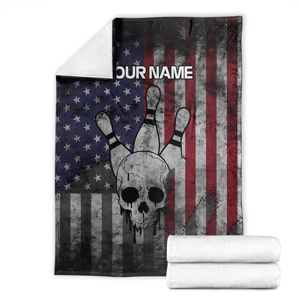 Personalized Skull Bowling Blanket Distressed American Flag in Dark Grunge Design - Wonder Print Shop