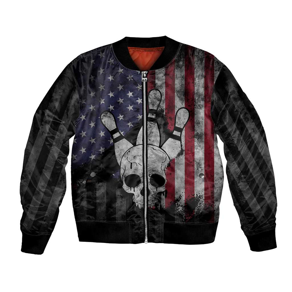 Personalized Skull Bowling Bomber Jacket Distressed American Flag in Dark Grunge Design - Wonder Print Shop
