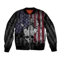 Personalized Skull Bowling Bomber Jacket Distressed American Flag in Dark Grunge Design - Wonder Print Shop