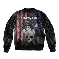 Personalized Skull Bowling Bomber Jacket Distressed American Flag in Dark Grunge Design - Wonder Print Shop